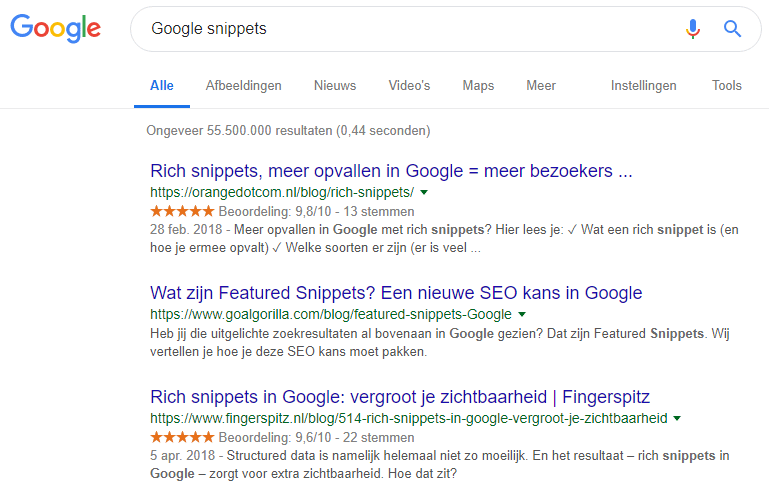 Verschillende zoekresultaten weergegeven. De zoekopdracht is: Google Snippets.